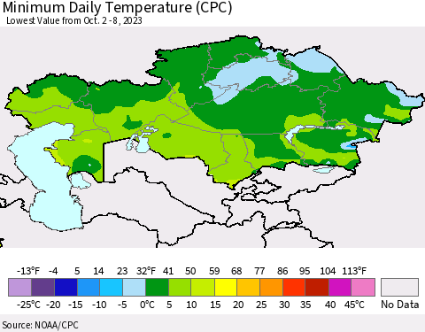 Kazakhstan Minimum Daily Temperature (CPC) Thematic Map For 10/2/2023 - 10/8/2023