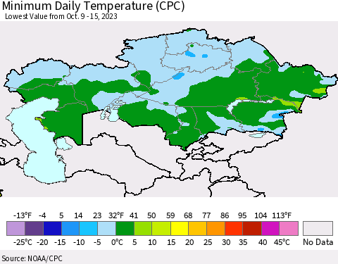 Kazakhstan Minimum Daily Temperature (CPC) Thematic Map For 10/9/2023 - 10/15/2023