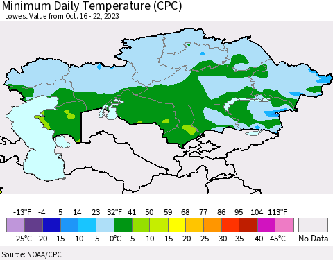 Kazakhstan Minimum Daily Temperature (CPC) Thematic Map For 10/16/2023 - 10/22/2023