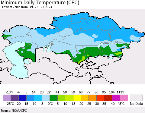Kazakhstan Minimum Daily Temperature (CPC) Thematic Map For 10/23/2023 - 10/29/2023