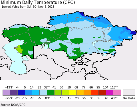 Kazakhstan Minimum Daily Temperature (CPC) Thematic Map For 10/30/2023 - 11/5/2023