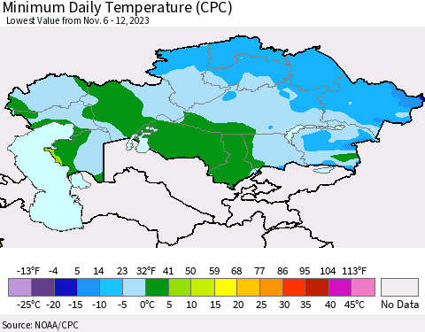 Kazakhstan Minimum Daily Temperature (CPC) Thematic Map For 11/6/2023 - 11/12/2023