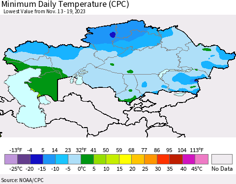 Kazakhstan Minimum Daily Temperature (CPC) Thematic Map For 11/13/2023 - 11/19/2023