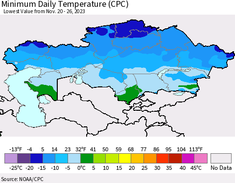 Kazakhstan Minimum Daily Temperature (CPC) Thematic Map For 11/20/2023 - 11/26/2023
