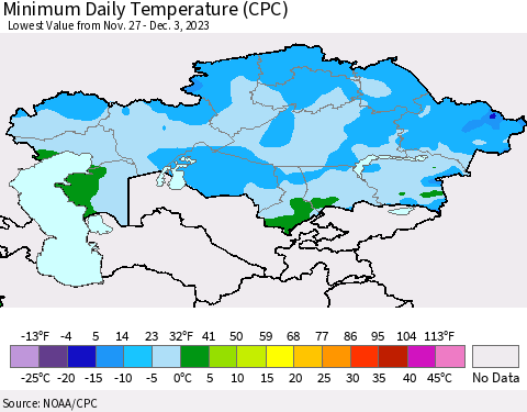 Kazakhstan Minimum Daily Temperature (CPC) Thematic Map For 11/27/2023 - 12/3/2023
