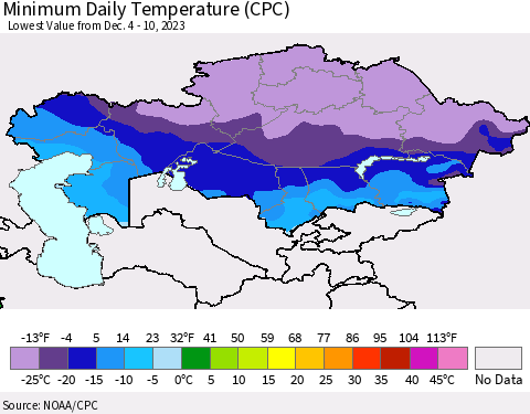 Kazakhstan Minimum Daily Temperature (CPC) Thematic Map For 12/4/2023 - 12/10/2023