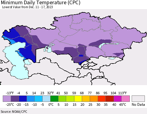 Kazakhstan Minimum Daily Temperature (CPC) Thematic Map For 12/11/2023 - 12/17/2023