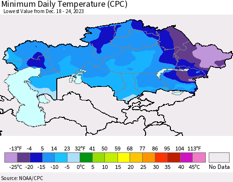 Kazakhstan Minimum Daily Temperature (CPC) Thematic Map For 12/18/2023 - 12/24/2023