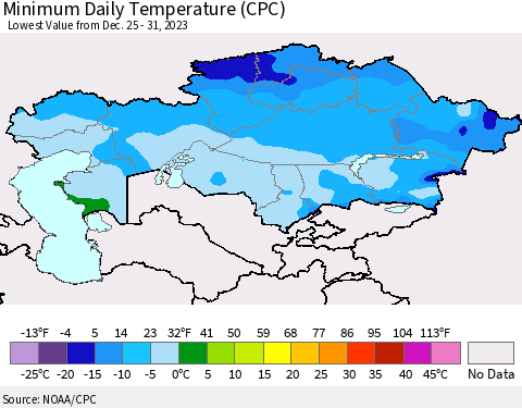 Kazakhstan Minimum Daily Temperature (CPC) Thematic Map For 12/25/2023 - 12/31/2023