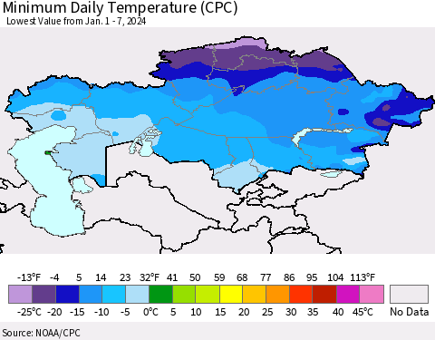 Kazakhstan Minimum Daily Temperature (CPC) Thematic Map For 1/1/2024 - 1/7/2024