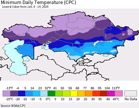 Kazakhstan Minimum Daily Temperature (CPC) Thematic Map For 1/8/2024 - 1/14/2024