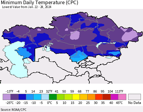 Kazakhstan Minimum Daily Temperature (CPC) Thematic Map For 1/22/2024 - 1/28/2024