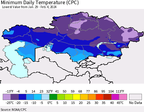 Kazakhstan Minimum Daily Temperature (CPC) Thematic Map For 1/29/2024 - 2/4/2024