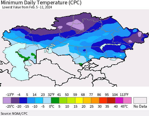 Kazakhstan Minimum Daily Temperature (CPC) Thematic Map For 2/5/2024 - 2/11/2024