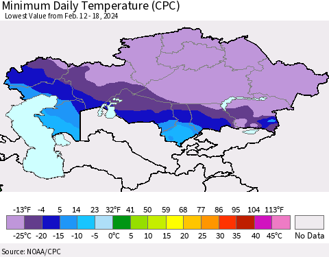 Kazakhstan Minimum Daily Temperature (CPC) Thematic Map For 2/12/2024 - 2/18/2024