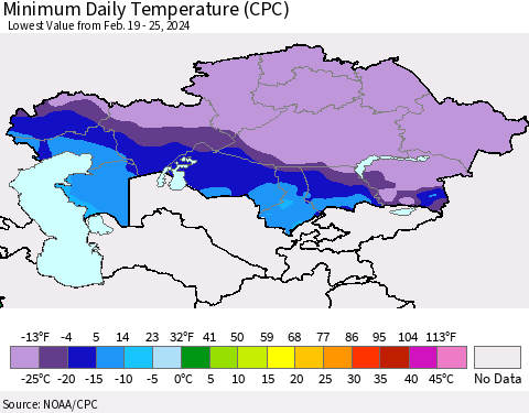 Kazakhstan Minimum Daily Temperature (CPC) Thematic Map For 2/19/2024 - 2/25/2024