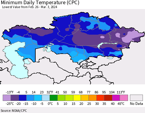 Kazakhstan Minimum Daily Temperature (CPC) Thematic Map For 2/26/2024 - 3/3/2024