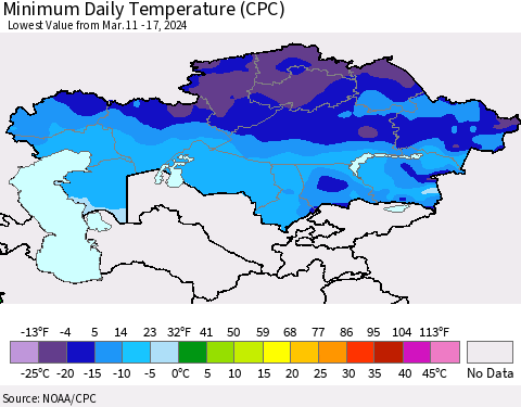 Kazakhstan Minimum Daily Temperature (CPC) Thematic Map For 3/11/2024 - 3/17/2024