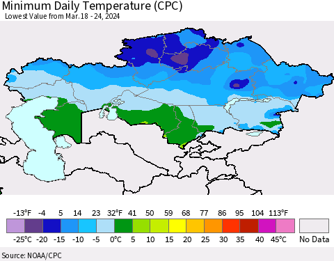 Kazakhstan Minimum Daily Temperature (CPC) Thematic Map For 3/18/2024 - 3/24/2024