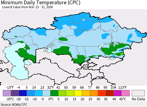 Kazakhstan Minimum Daily Temperature (CPC) Thematic Map For 3/25/2024 - 3/31/2024