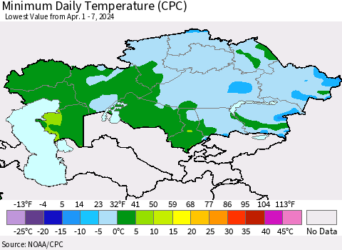 Kazakhstan Minimum Daily Temperature (CPC) Thematic Map For 4/1/2024 - 4/7/2024