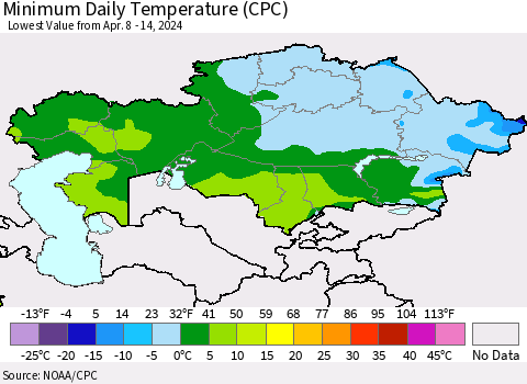 Kazakhstan Minimum Daily Temperature (CPC) Thematic Map For 4/8/2024 - 4/14/2024