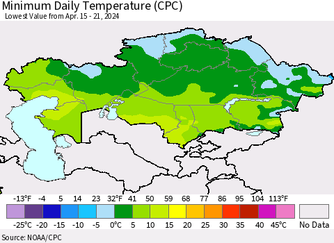 Kazakhstan Minimum Daily Temperature (CPC) Thematic Map For 4/15/2024 - 4/21/2024