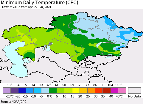 Kazakhstan Minimum Daily Temperature (CPC) Thematic Map For 4/22/2024 - 4/28/2024