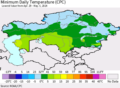 Kazakhstan Minimum Daily Temperature (CPC) Thematic Map For 4/29/2024 - 5/5/2024