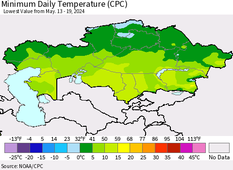 Kazakhstan Minimum Daily Temperature (CPC) Thematic Map For 5/13/2024 - 5/19/2024