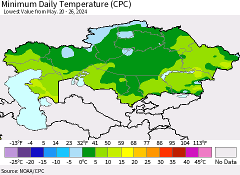Kazakhstan Minimum Daily Temperature (CPC) Thematic Map For 5/20/2024 - 5/26/2024