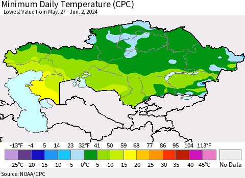 Kazakhstan Minimum Daily Temperature (CPC) Thematic Map For 5/27/2024 - 6/2/2024
