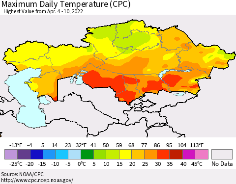 Kazakhstan Maximum Daily Temperature (CPC) Thematic Map For 4/4/2022 - 4/10/2022