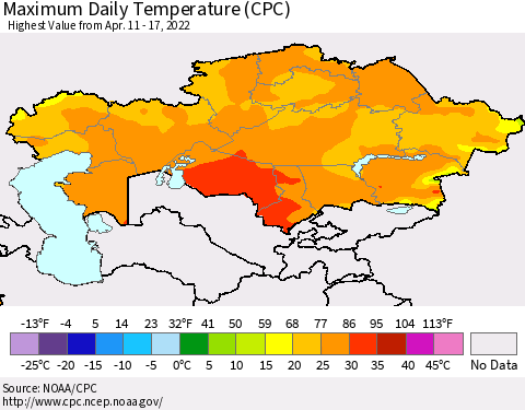 Kazakhstan Maximum Daily Temperature (CPC) Thematic Map For 4/11/2022 - 4/17/2022