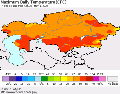 Kazakhstan Maximum Daily Temperature (CPC) Thematic Map For 4/25/2022 - 5/1/2022
