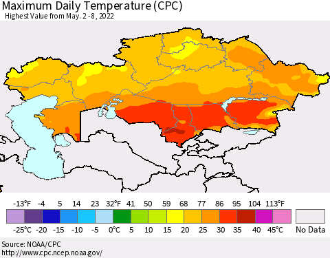 Kazakhstan Maximum Daily Temperature (CPC) Thematic Map For 5/2/2022 - 5/8/2022