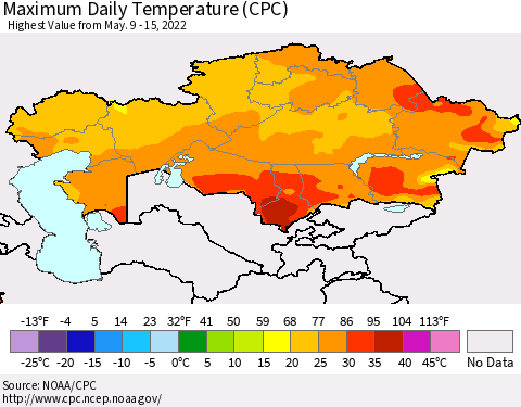 Kazakhstan Maximum Daily Temperature (CPC) Thematic Map For 5/9/2022 - 5/15/2022