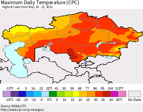 Kazakhstan Maximum Daily Temperature (CPC) Thematic Map For 5/16/2022 - 5/22/2022
