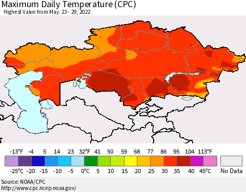 Kazakhstan Maximum Daily Temperature (CPC) Thematic Map For 5/23/2022 - 5/29/2022
