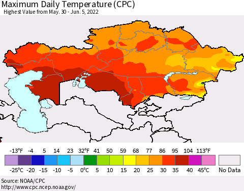 Kazakhstan Maximum Daily Temperature (CPC) Thematic Map For 5/30/2022 - 6/5/2022