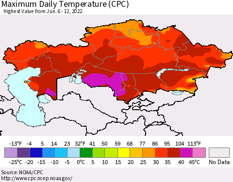 Kazakhstan Maximum Daily Temperature (CPC) Thematic Map For 6/6/2022 - 6/12/2022
