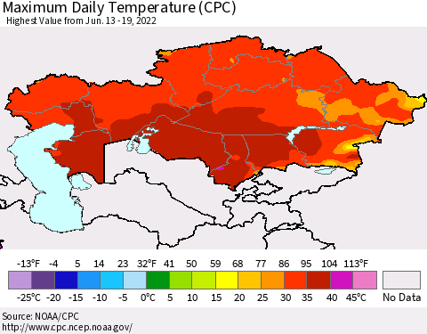 Kazakhstan Maximum Daily Temperature (CPC) Thematic Map For 6/13/2022 - 6/19/2022