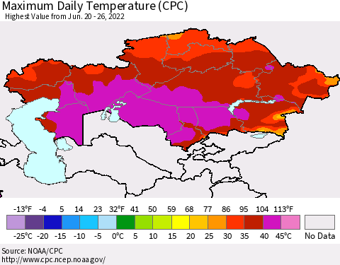 Kazakhstan Maximum Daily Temperature (CPC) Thematic Map For 6/20/2022 - 6/26/2022