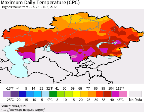 Kazakhstan Maximum Daily Temperature (CPC) Thematic Map For 6/27/2022 - 7/3/2022