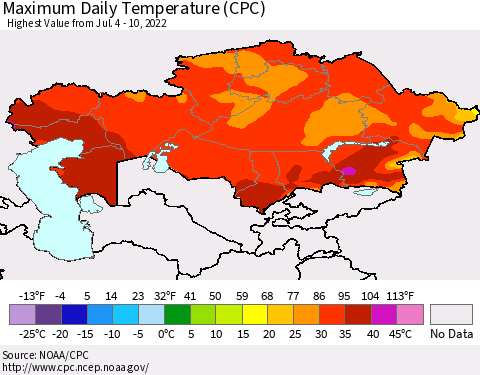Kazakhstan Maximum Daily Temperature (CPC) Thematic Map For 7/4/2022 - 7/10/2022