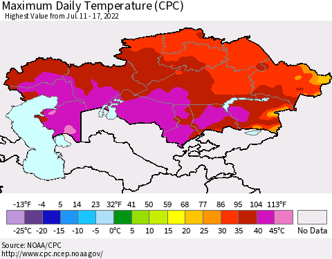 Kazakhstan Maximum Daily Temperature (CPC) Thematic Map For 7/11/2022 - 7/17/2022