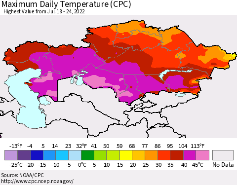 Kazakhstan Maximum Daily Temperature (CPC) Thematic Map For 7/18/2022 - 7/24/2022