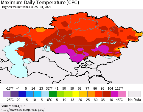 Kazakhstan Maximum Daily Temperature (CPC) Thematic Map For 7/25/2022 - 7/31/2022