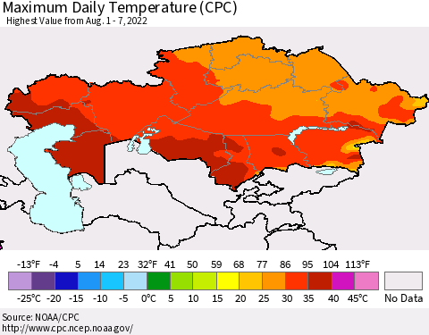 Kazakhstan Maximum Daily Temperature (CPC) Thematic Map For 8/1/2022 - 8/7/2022