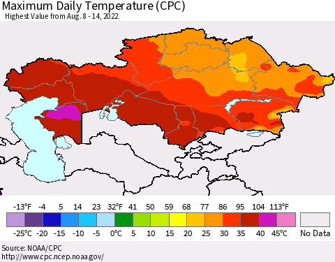 Kazakhstan Maximum Daily Temperature (CPC) Thematic Map For 8/8/2022 - 8/14/2022